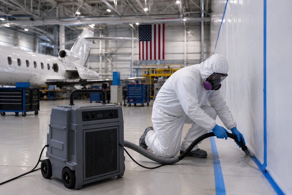Aerospace Hangar Commercial Mold Remediation Technician Operating Commercial HEPA Equipment